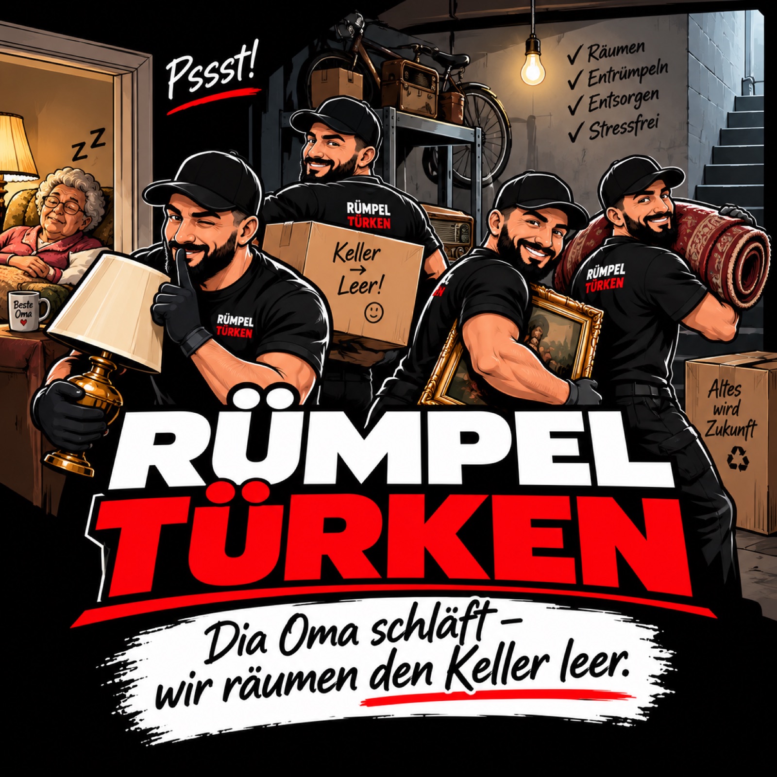 Illustration: die Mannschaft in schwarzen Shirts räumt einen Keller, leise, Lampen und Teppiche in den Händen.